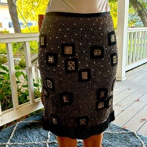 NAEEM KHAN Brown Gold silk Appliqué pencil skirt